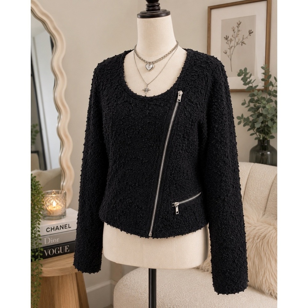 Vintage Black Boucle Moto Jacket Womens M  Grunge Whimsigoth Goth Dark Academia